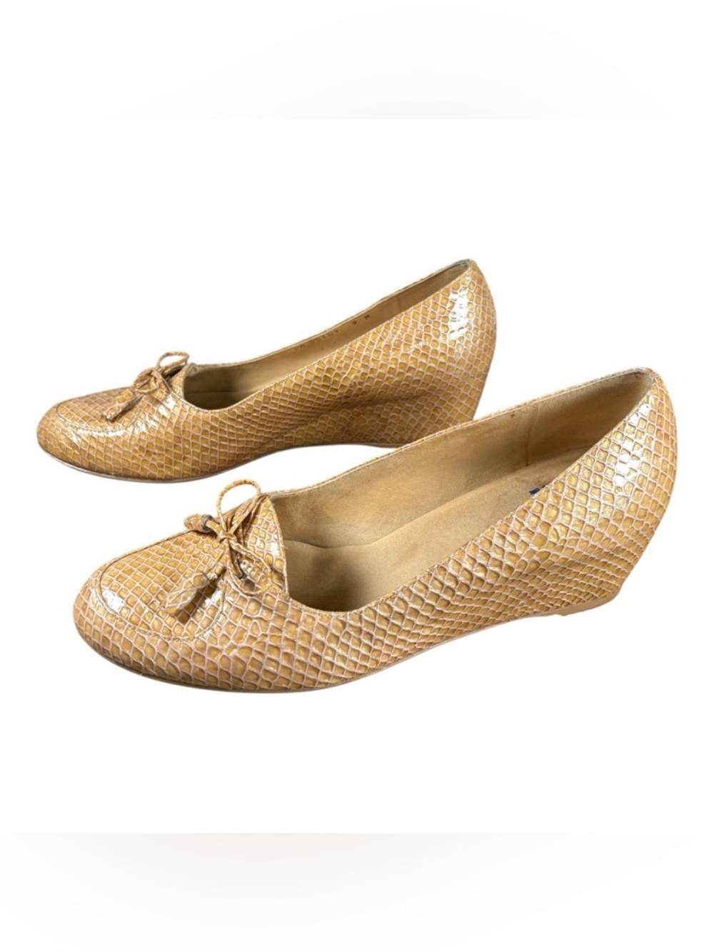 Stuart Weitzman Gold Woven Bow Wedge Snake print Pattern Pumps - Picture 1 of 9